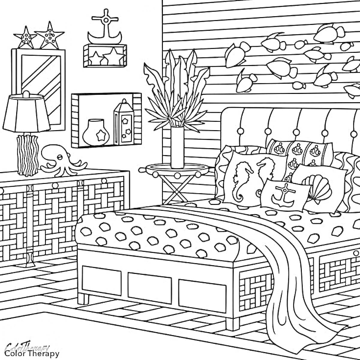 РаскраскаСпальня в морском стиле с кроватью, подушками, комодом, зеркалом, лампой, растением в вазе, корабельными декорациями и стеллажом.