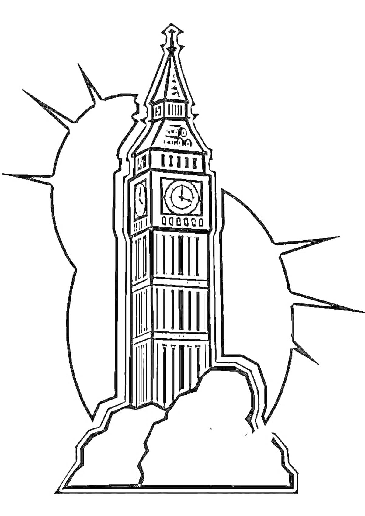 На раскраске изображено: Биг Бен, Часы, Лондон, Солнце, Облака, Для детей, Архитектура