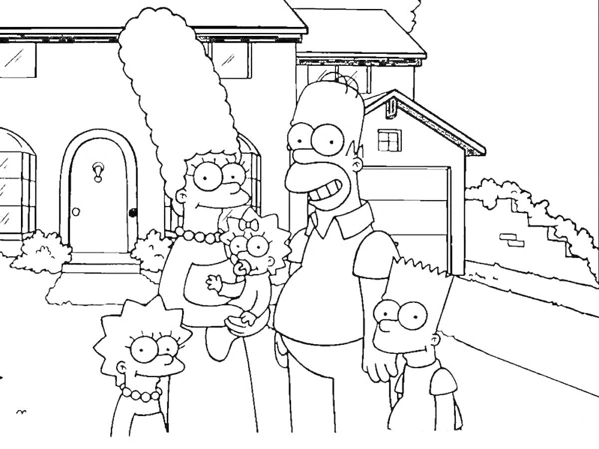 На раскраске изображено: Симпсоны, По номерам, Семья, Дом, Гомер, Мардж, Барт, Лиза, Мэгги