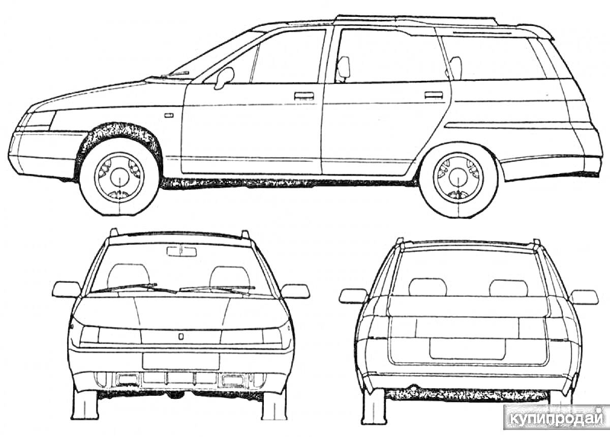 Раскраска ВАЗ 2111 универсал, виды сбоку, спереди и сзади