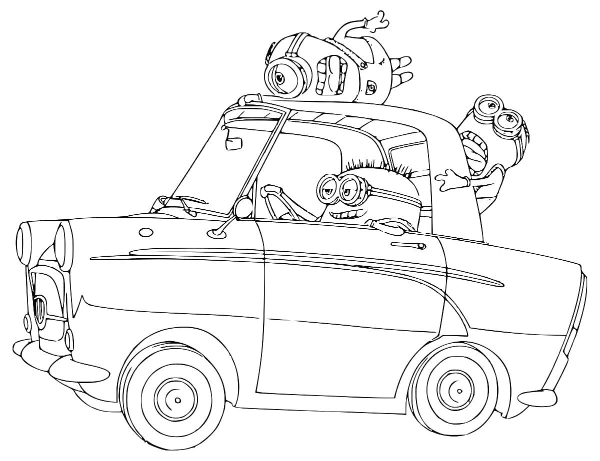 Раскраска Миньоны в машине с багажом на крыше и миньоном, высунувшимся из окна