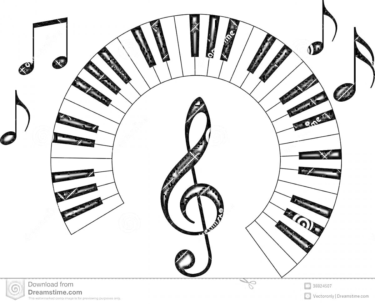 На раскраске изображено: Пианино, Клавиши, Скрипичный ключ, Музыкальные ноты, Музыка