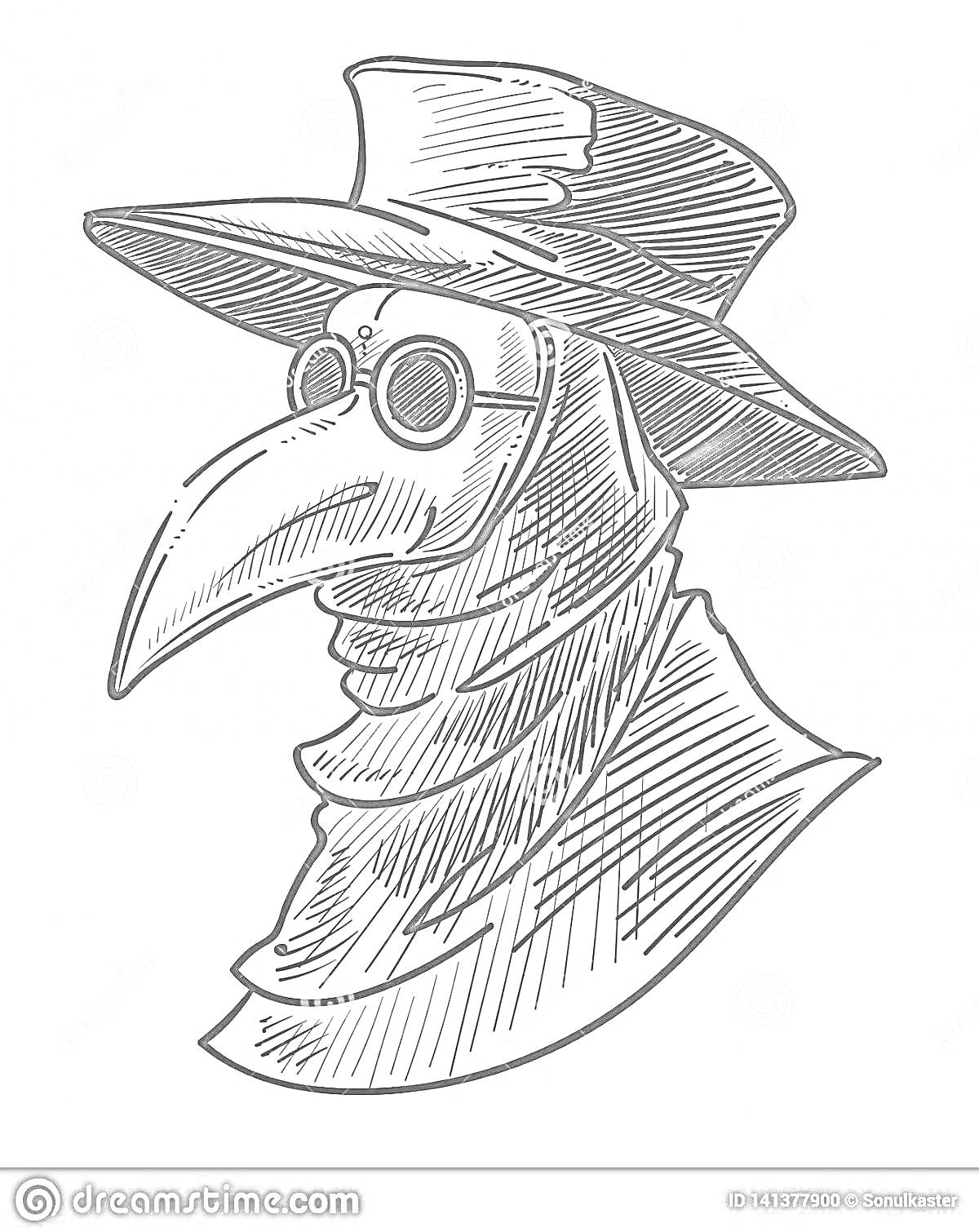 Раскраска Чумной доктор в широкополой шляпе и маске с длинным клювом