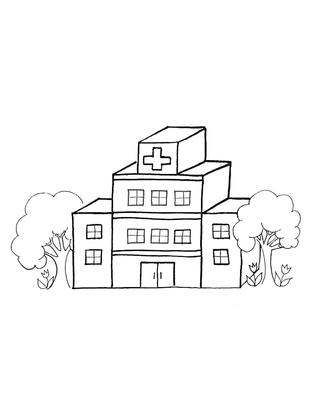 На раскраске изображено: Больница, Здание, Деревья, Кусты, Крест, Окна, Дверь