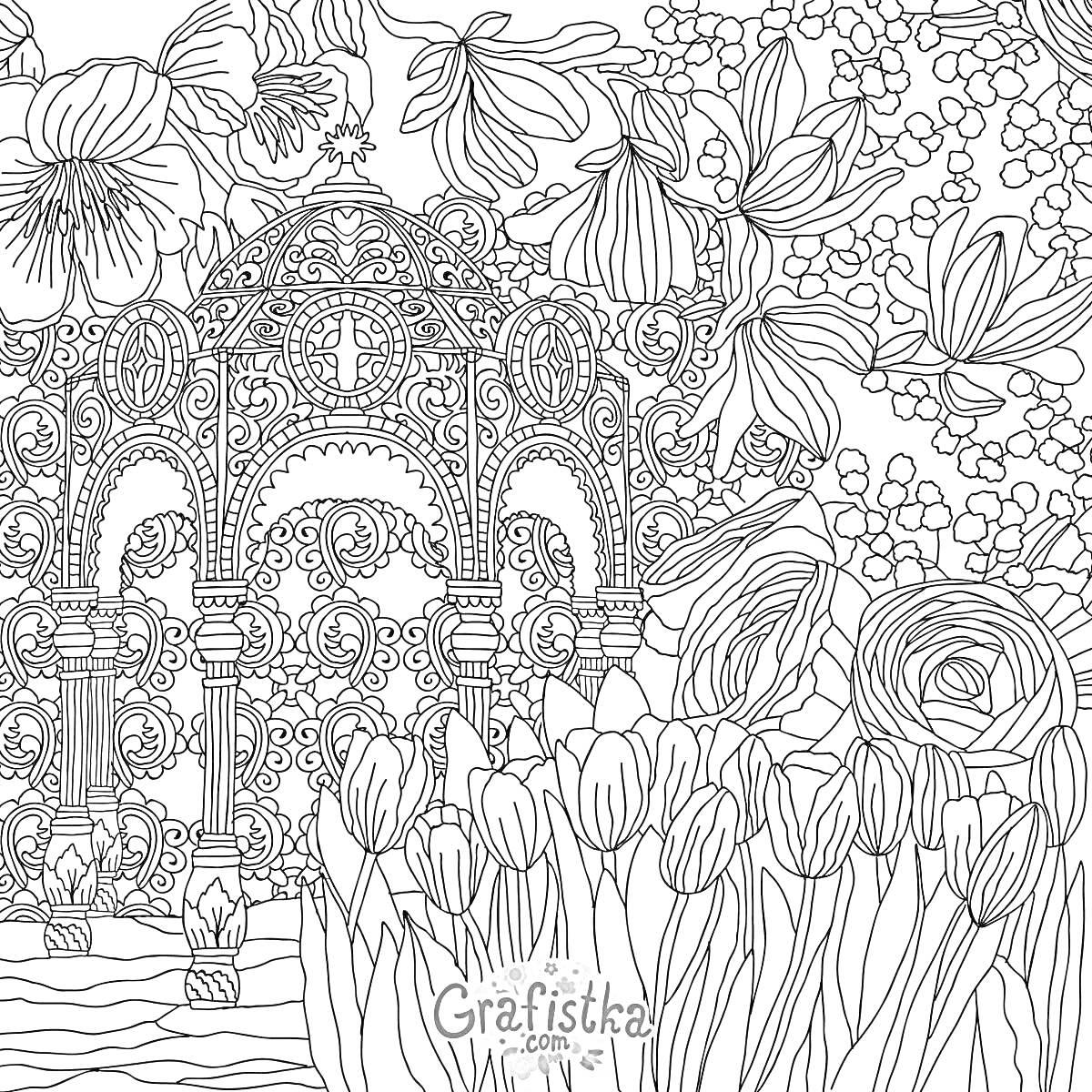 Раскраска Купольный павильон среди цветов, включая тюльпаны, розы и другие декоративные растения