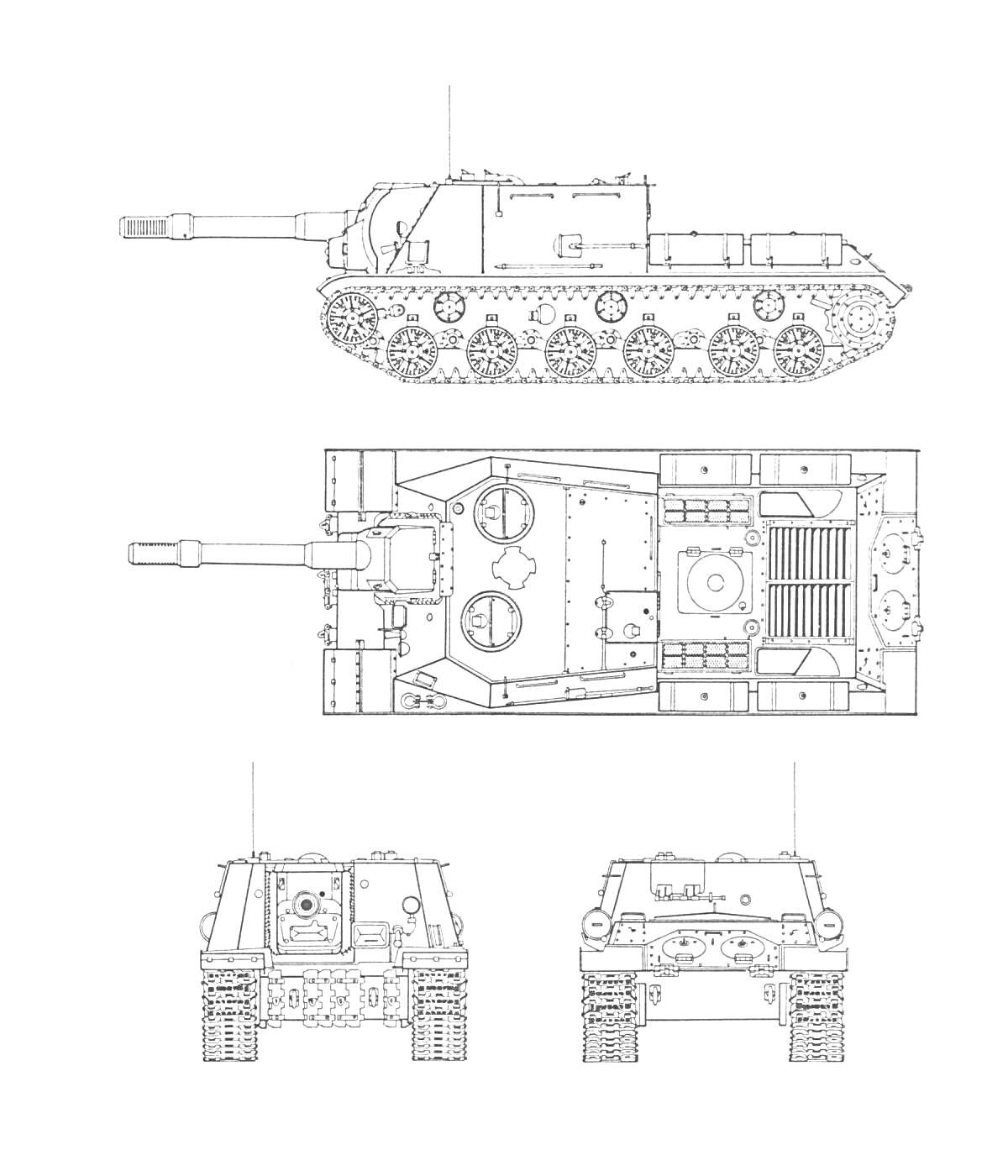 Раскраска Схематическое изображение самоходной установки СУ-152 с видом сбоку, сверху, спереди и сзади.