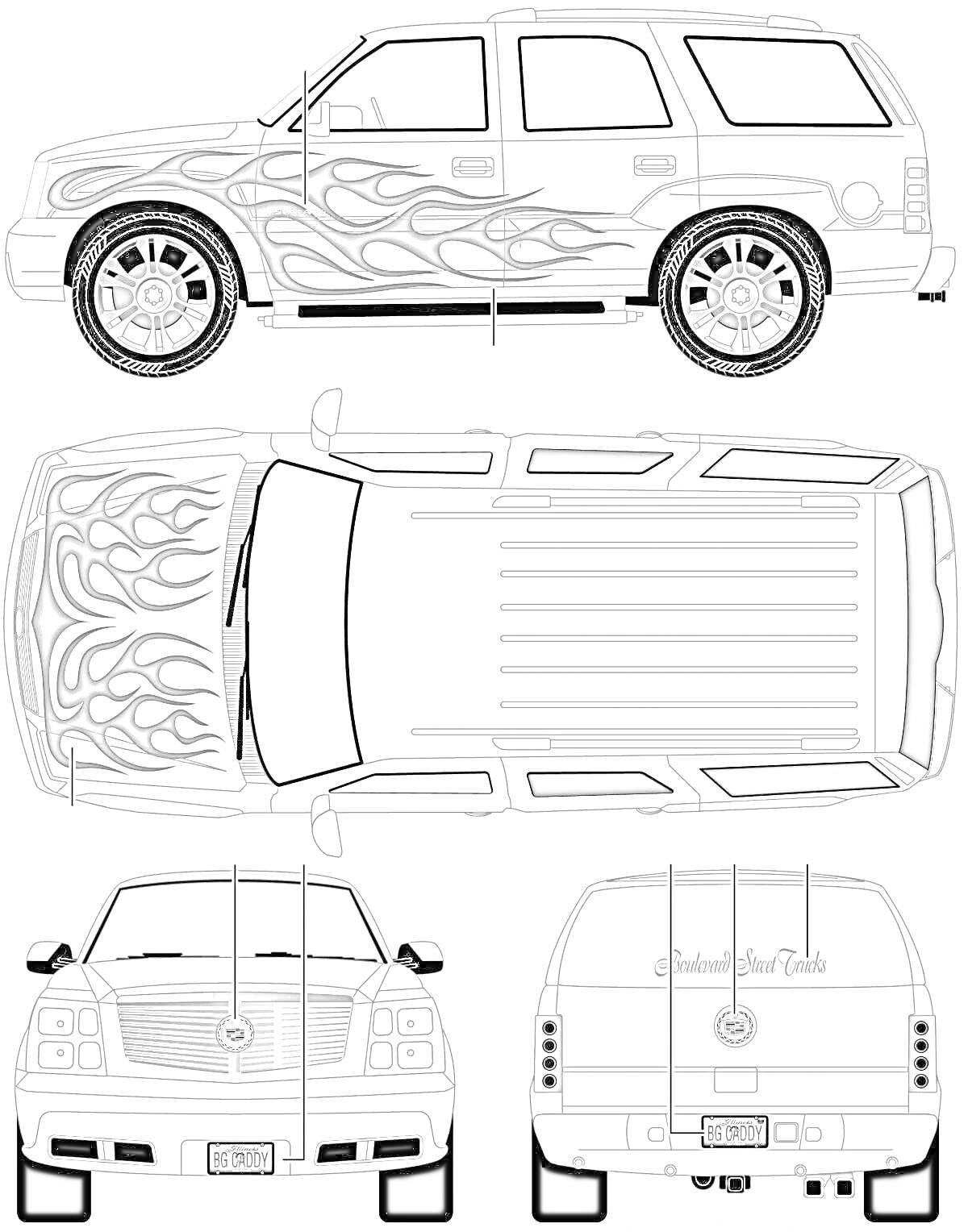РаскраскаРаскраска - Кадиллак Эскалейд вид сбоку, сверху, спереди и сзади с пламенем