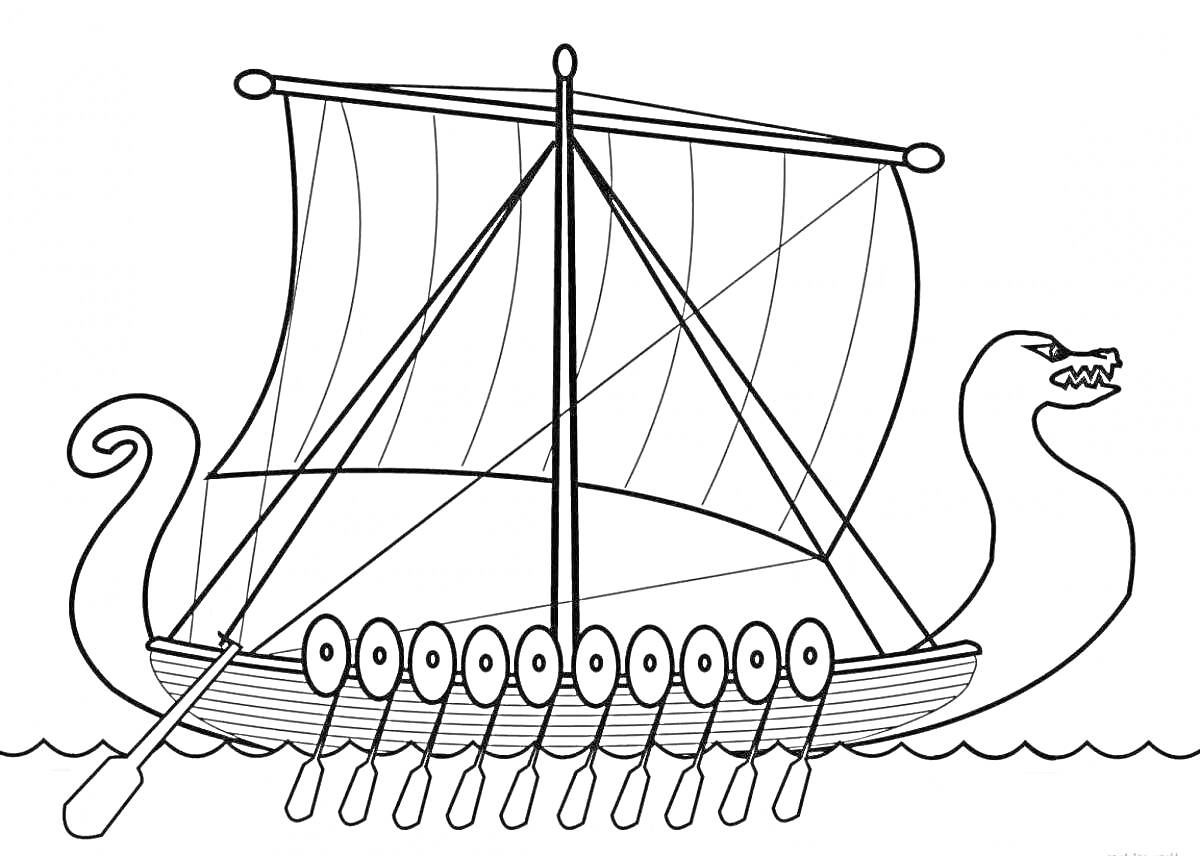 На раскраске изображено: Ладья, Весла, Вода, Корабль, Викинг, Мореплавание