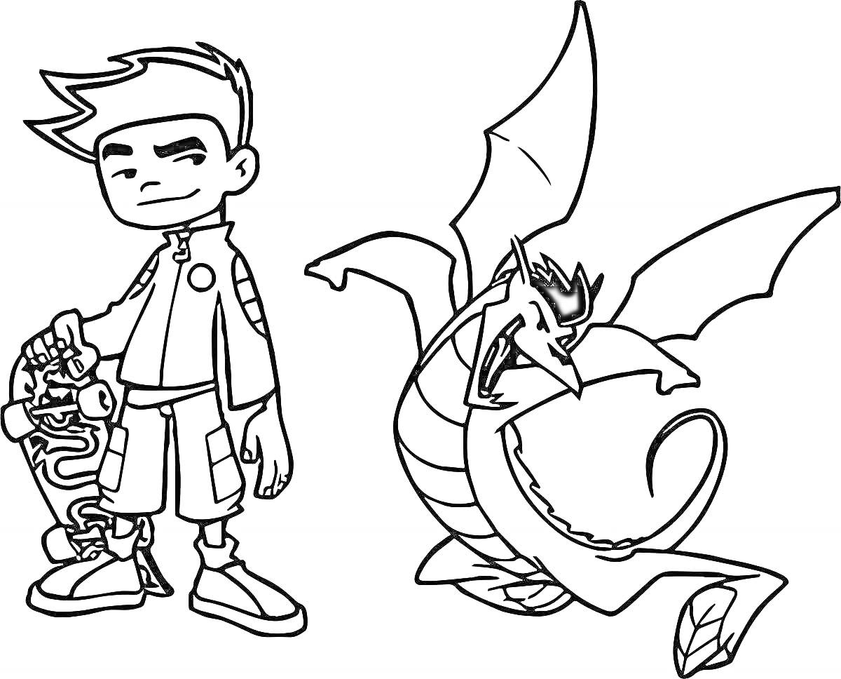 На раскраске изображено: Мальчик, Скейтборд, Короткие волосы, Дракон, Крылья