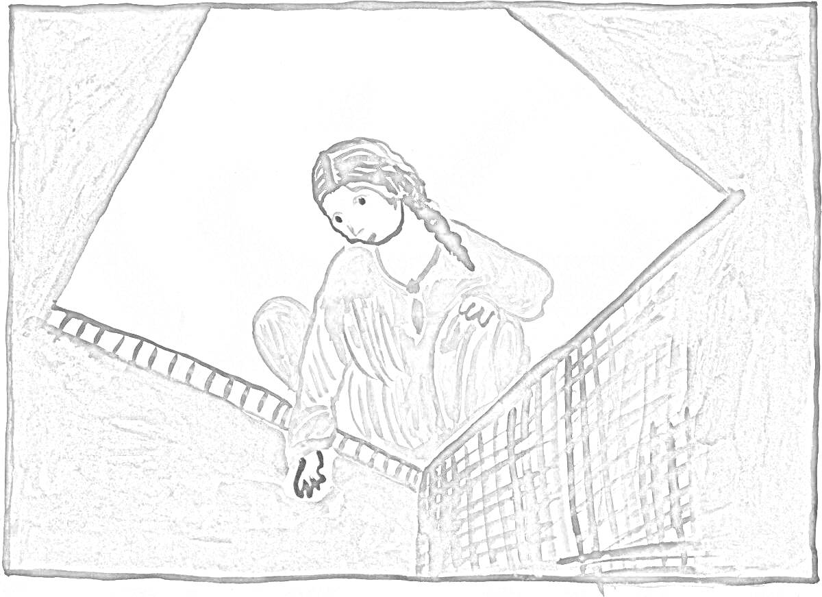 На раскраске изображено: Кавказский пленник, Коса, Традиционная одежда, Решетка, Иллюстрация, 5 класс