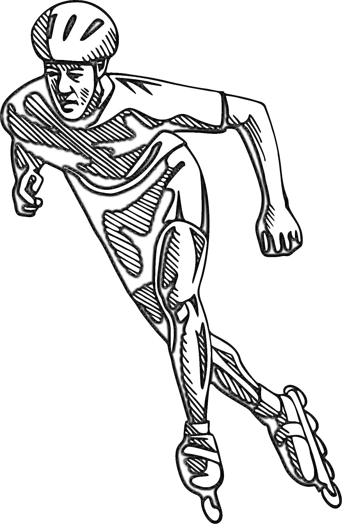 На раскраске изображено: Роликовые коньки, Спортсмен, Спорт, Движение, Скорость, Человек, Шлемы