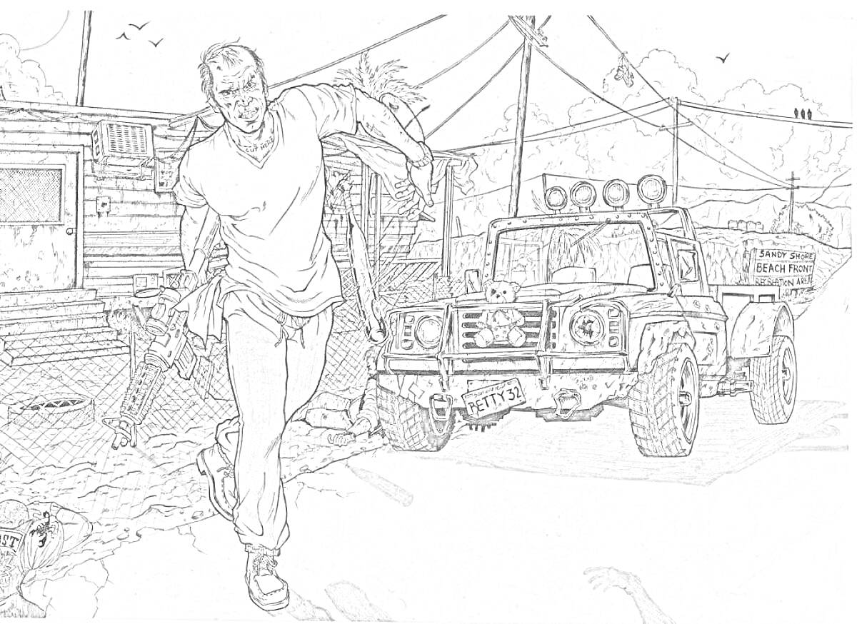 Раскраска Мужчина с оружием, идущий от автомобиля на фоне домиков и проводов