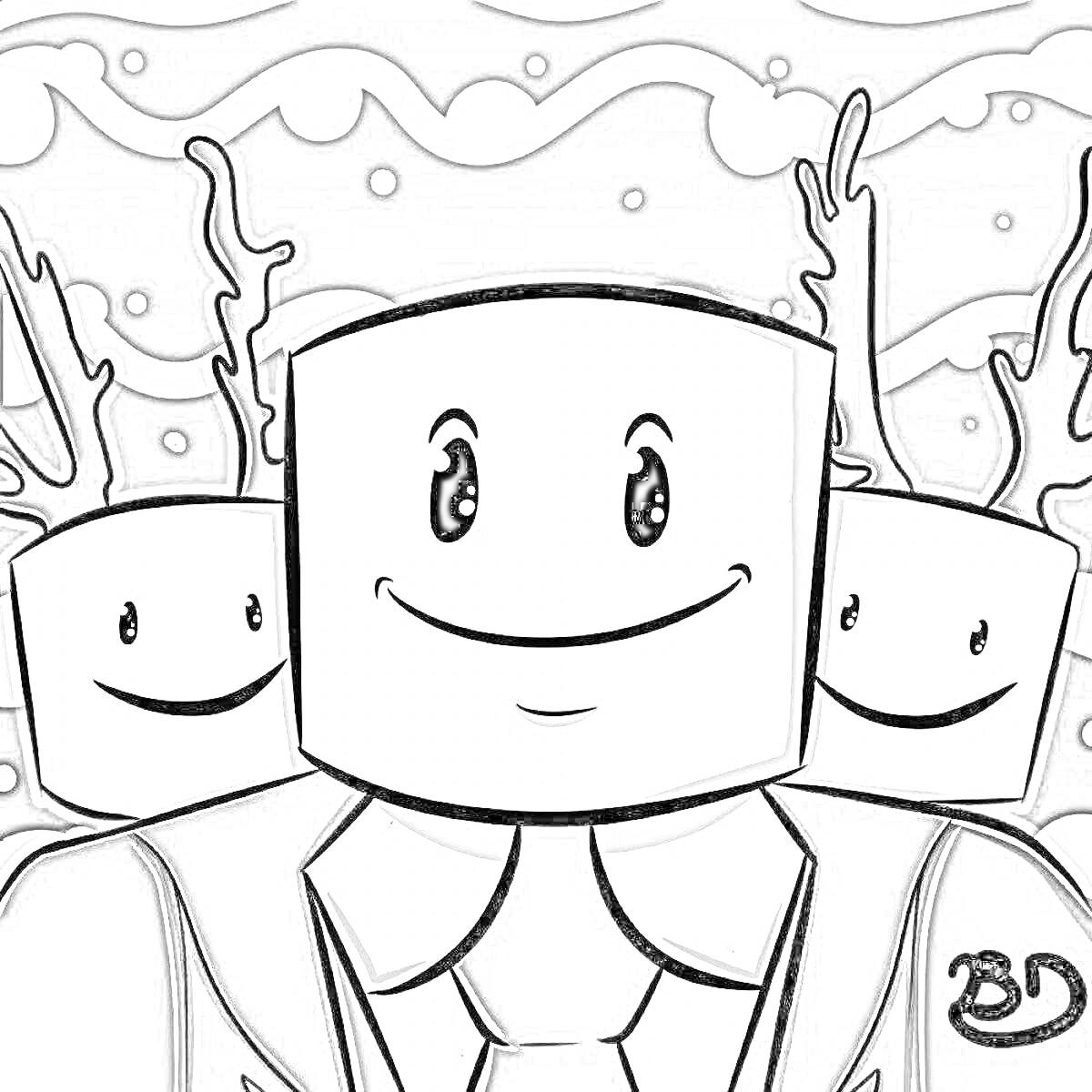 Раскраска Чудо чай Роблокс. Персонажи с квадратными головами в костюмах, с рогами в фоне, черно-бело изображение