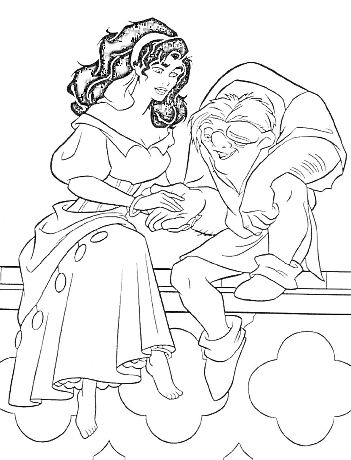 Раскраска Эсмеральда и Квазимодо сидят на парапете