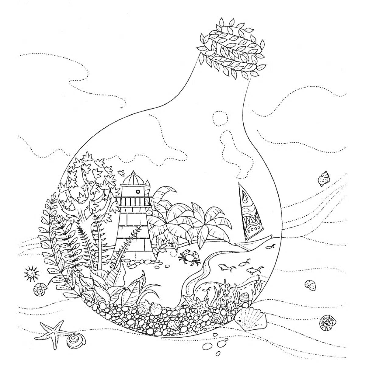Раскраска Лес, маяк и пальмы в бутылке с морскими звездами и рыбами на переднем плане