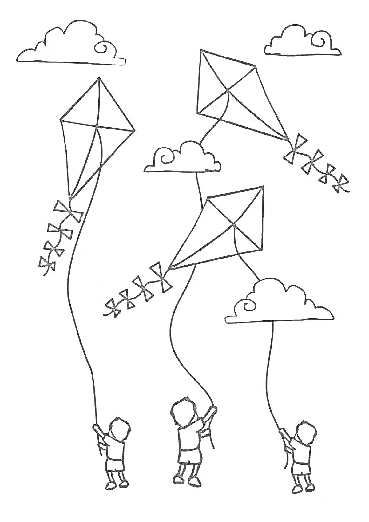 Раскраска Дети запускают воздушных змеев на фоне облаков