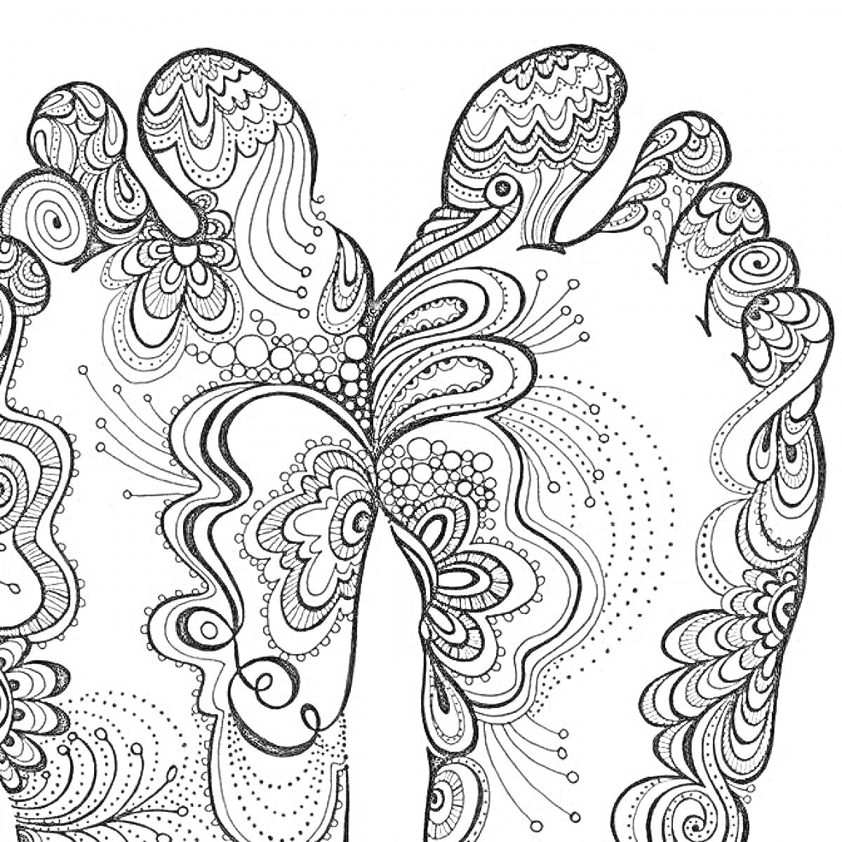 Раскраска Две стопы с узорами в стиле хиппи, включая цветочные мотивы, завитки и точки