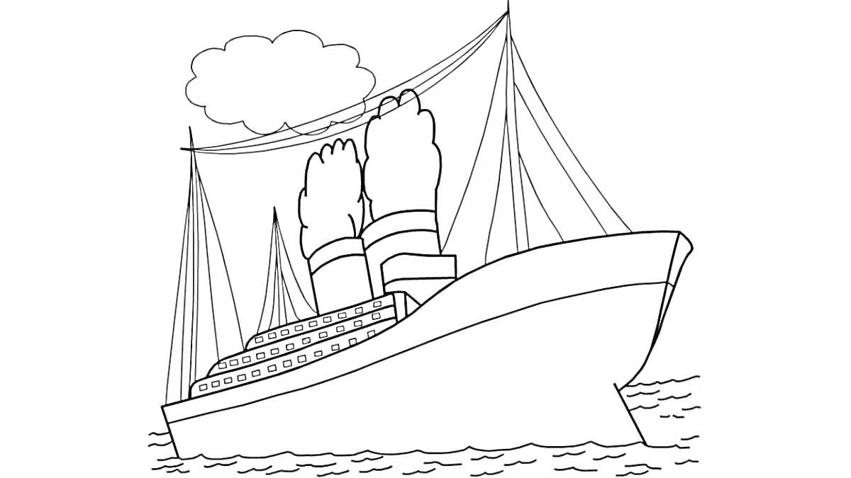 На раскраске изображено: Корабль, Титаник, Пароход, Море, Для детей