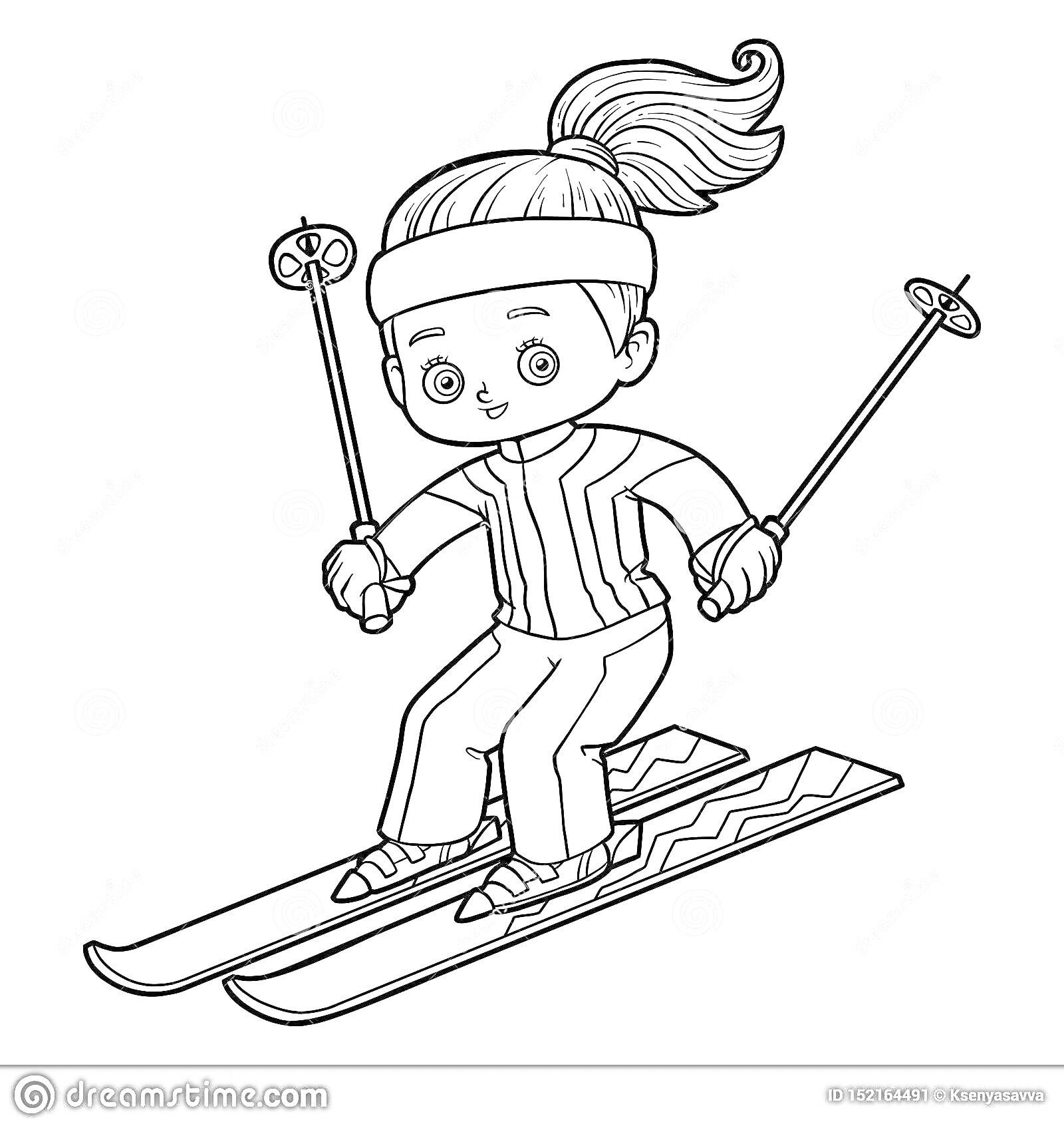 На раскраске изображено: Мальчик, Лыжи, Палки, Спорт, Зимние виды спорта, Полосатый костюм, Повязка на голове, Активный отдых