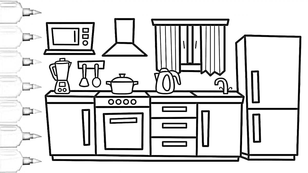 На раскраске изображено: Кухня, Холодильник, Плита, Духовка, Блендер, Вытяжка, Раковина, Кастрюли, Микроволновая печь, Чайники