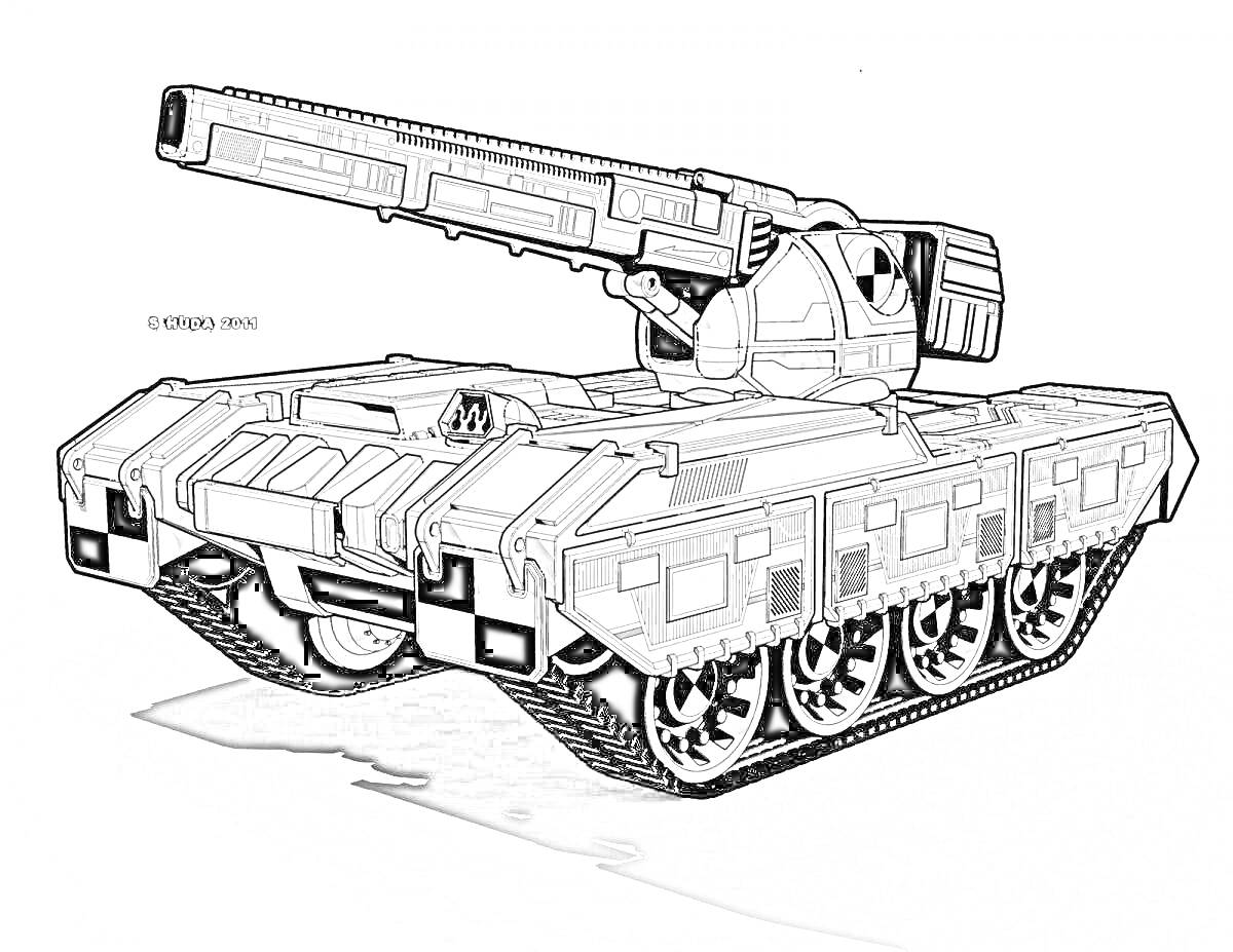 Раскраска Танк будущего с длинной пушкой, гусеничным движителем и технологическими элементами