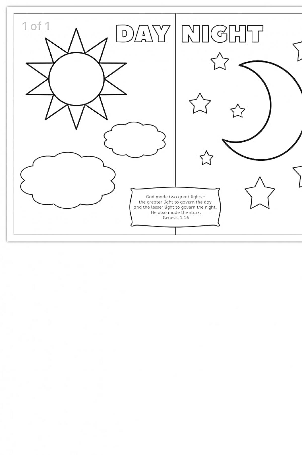 Раскраска День и ночь. Картинка слева: солнце и облака; картинка справа: луна и звезды.