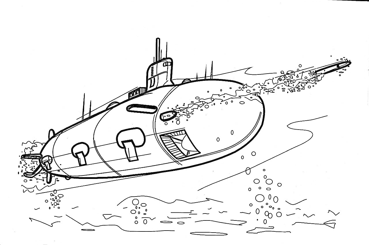 На раскраске изображено: Подводная лодка, Военная техника, Подводный мир, Вода, Оружие, Боевые действия, Пузыри