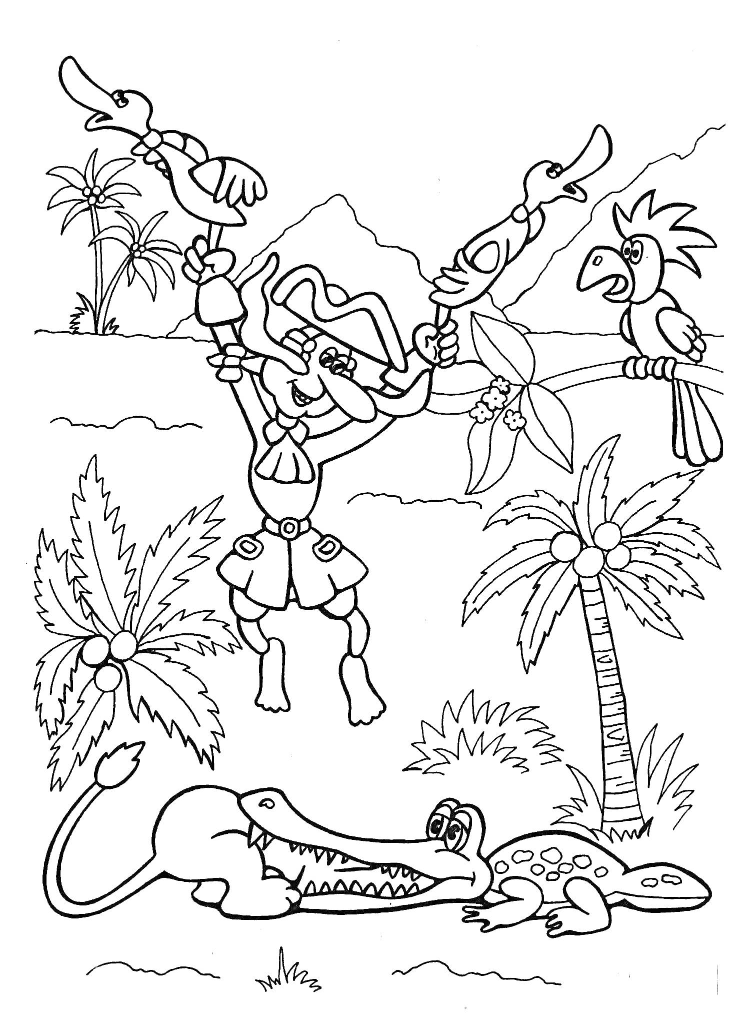 На раскраске изображено: Барон Мюнхгаузен, Джунгли, Пальмы, Крокодил, Птица
