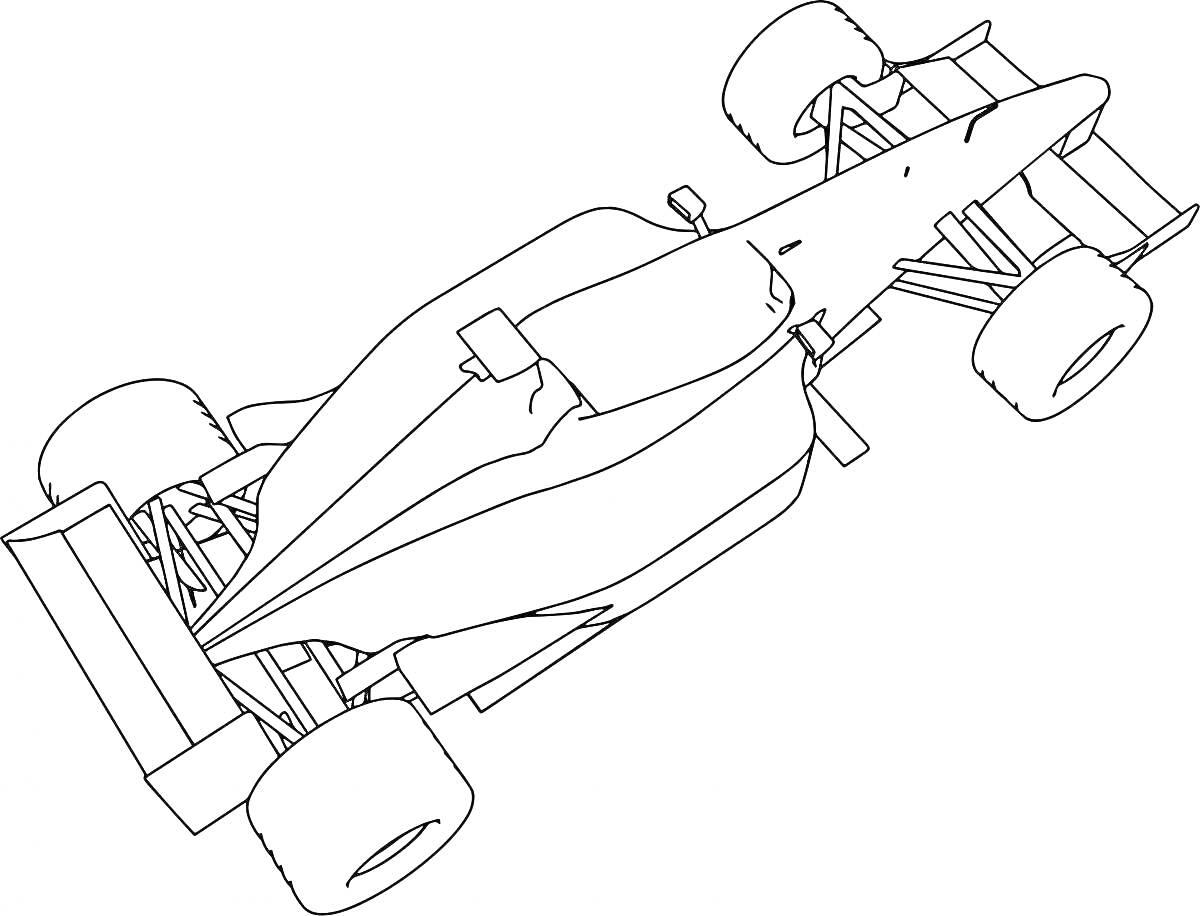 Раскраска Формула 1 гоночная машина, вид сверху, колеса, спойлер, кузов