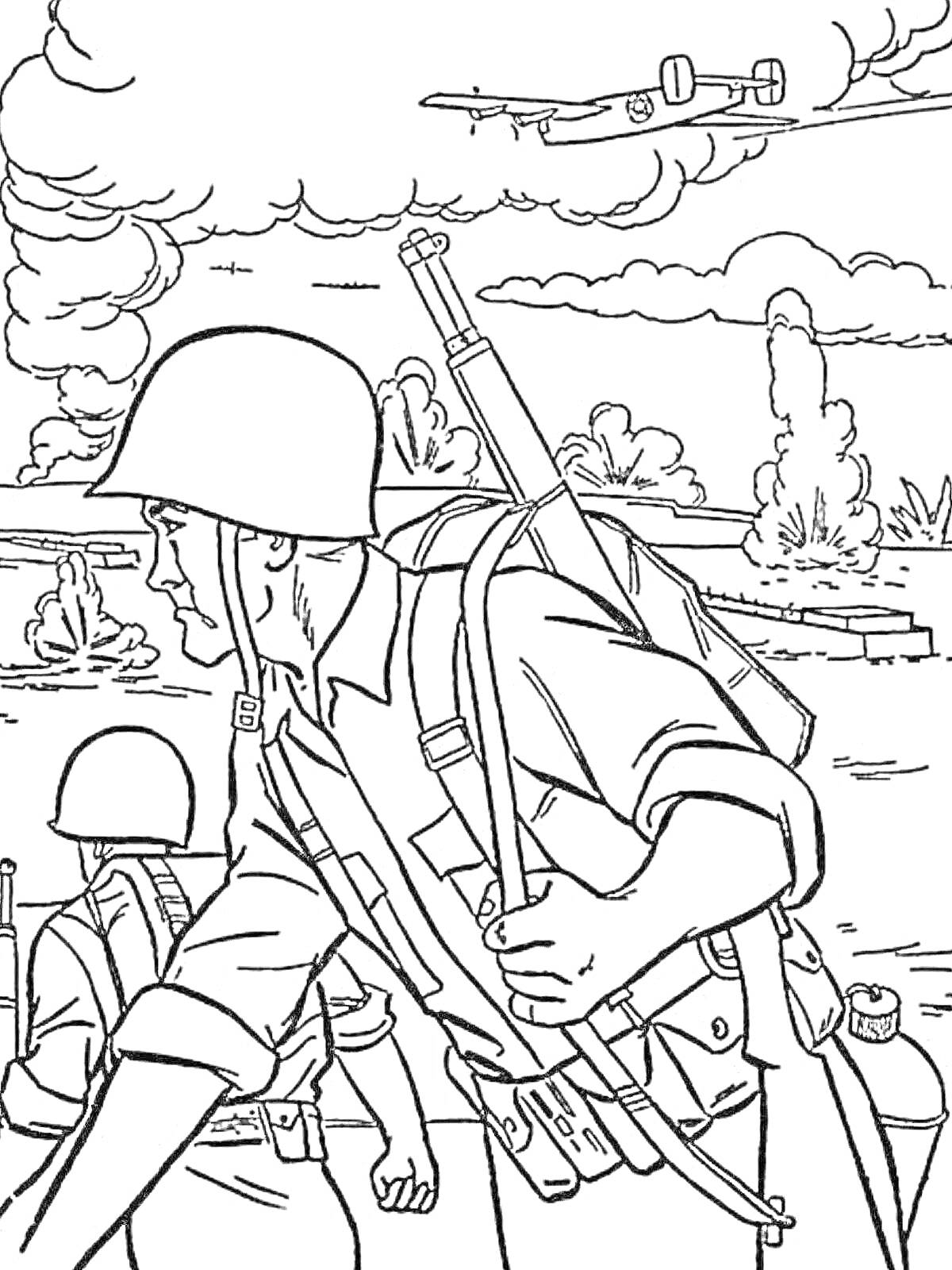 Раскраска Солдаты Великой Отечественной войны на передовой с винтовками, шлемами и военной техникой на фоне