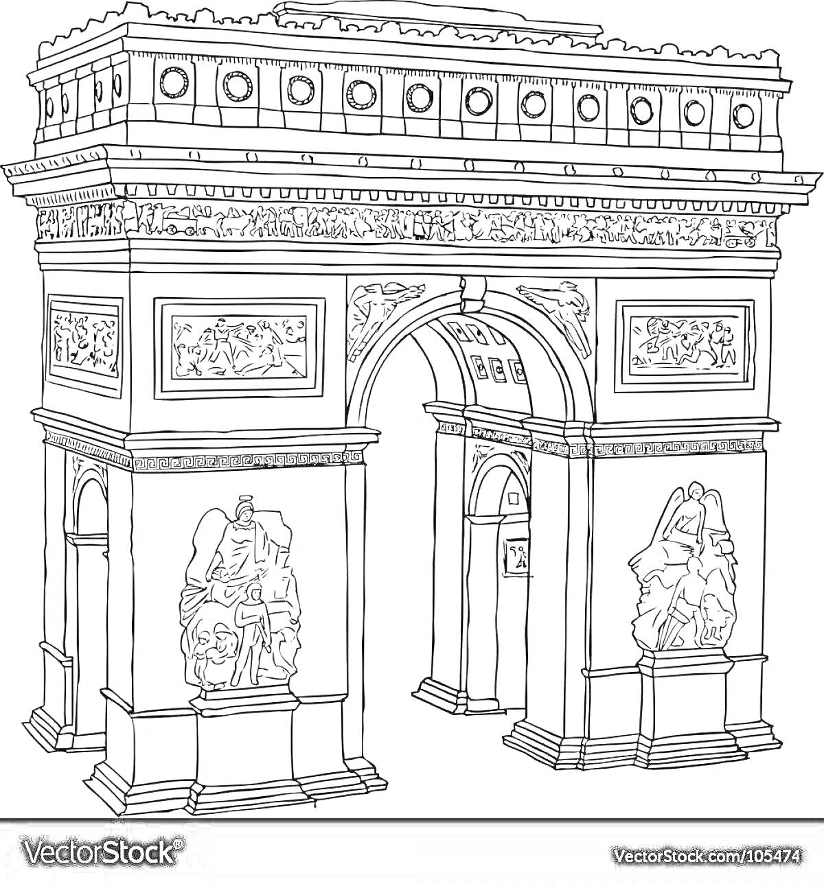 Раскраска Триумфальная арка с барельефами и скульптурами