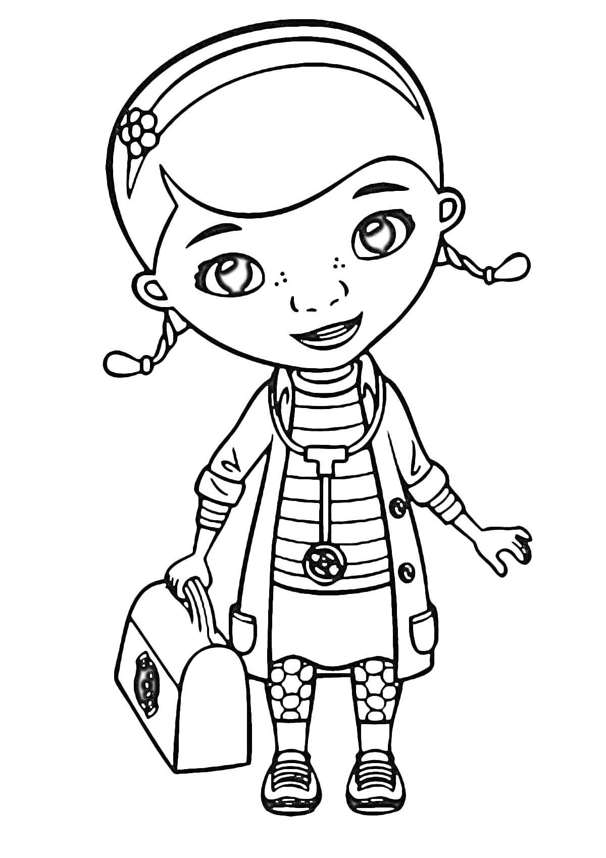 Раскраска Девочка-детский доктор в халате с медицинским чемоданчиком