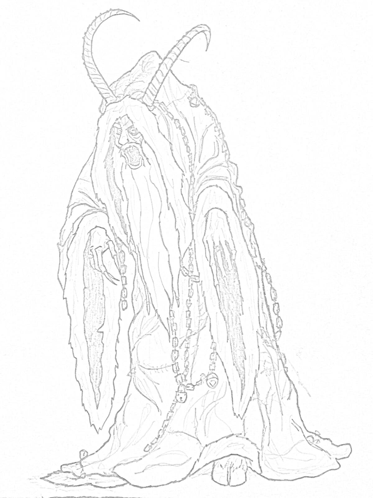 На раскраске изображено: Рога, Длинная борода, Мантия, Длинные рукава, Страшный персонаж, Мифические существа