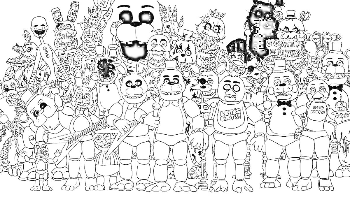 Раскраска Группа аниматроников Фредди с различными выражениями лиц и костюмами