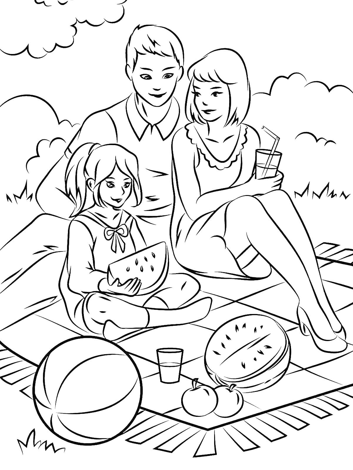 Семья на пикнике с арбузом, мячом и соком