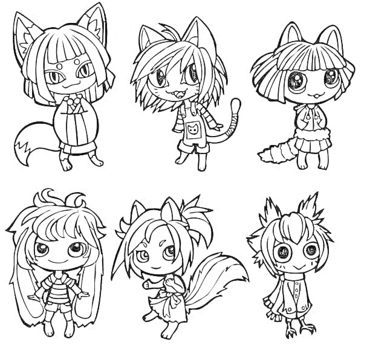 Раскраска Маленькие аниме персонажи с ушами и хвостами в разных нарядах