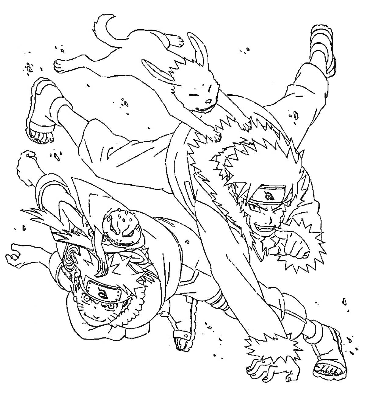 Раскраска Два персонажа из Наруто в боевой позе с собакой