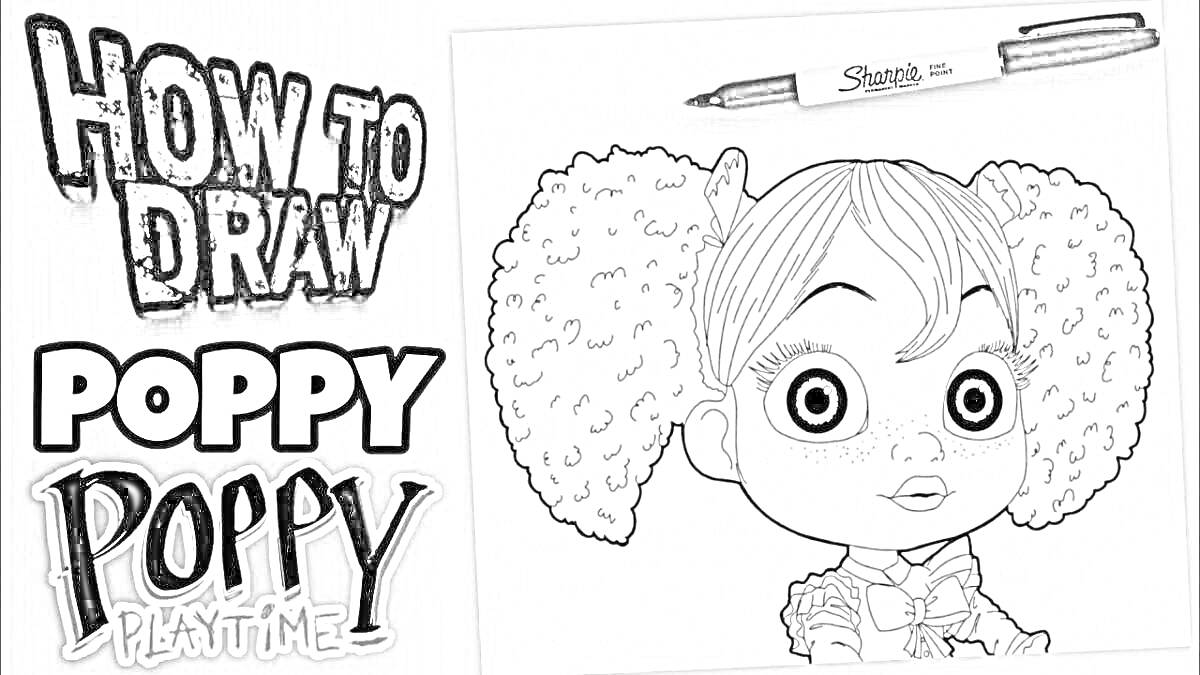 Раскраска Раскраска How to Draw Poppy из игры Poppy Playtime с маркером Sharpie на фоне