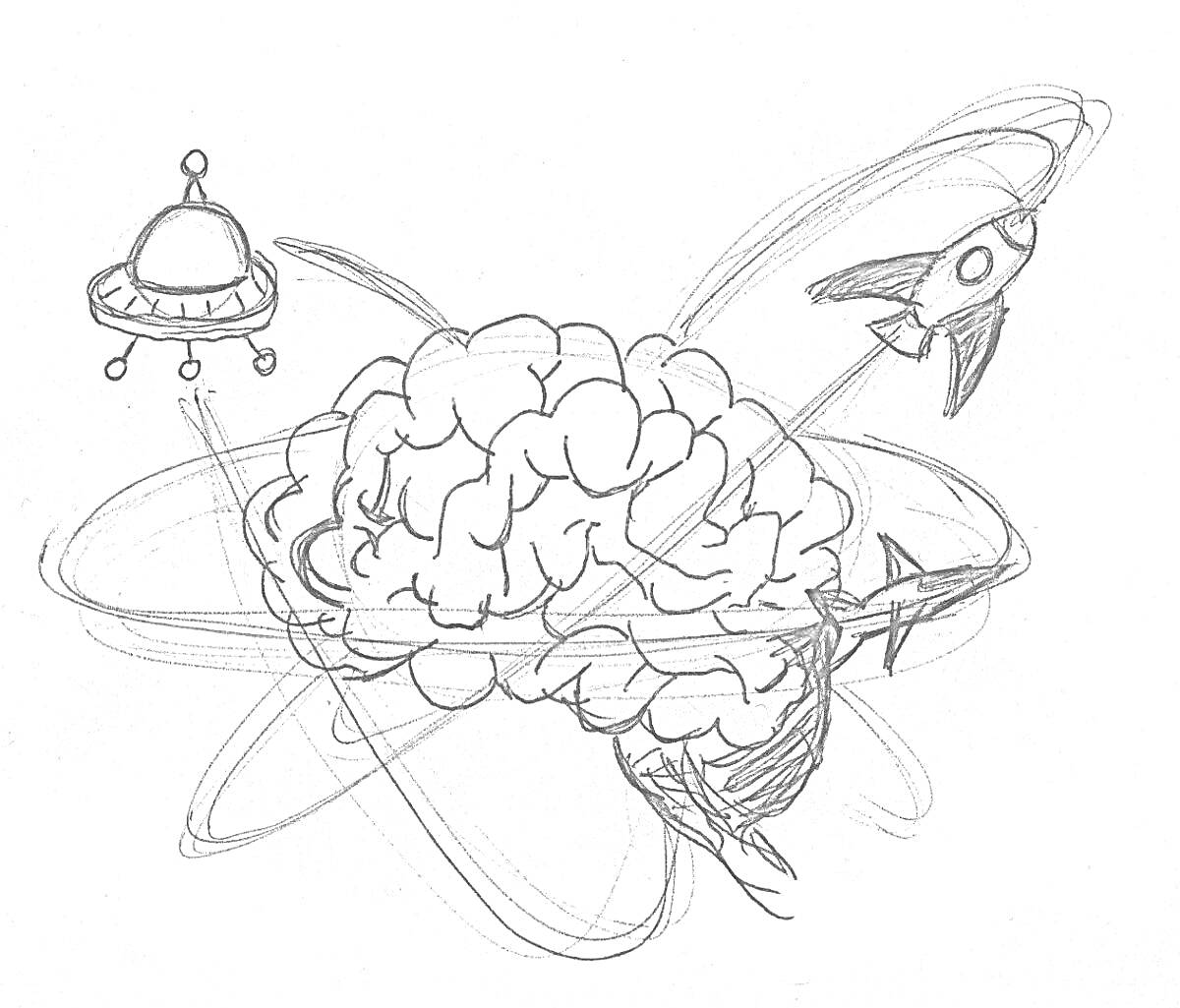 Раскраска Мозг с орбитами и космическими объектами (НЛО, ракета, истребитель)