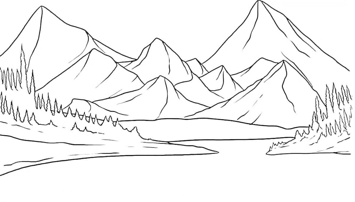 Раскраска Горы с лесом и озером