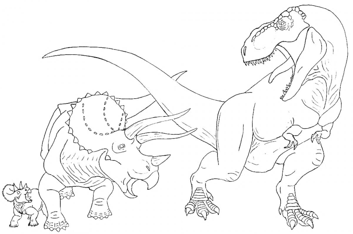 На раскраске изображено: Тирекс, Динозавр, Для детей, Трицератопс, Детеныши, Древние животные