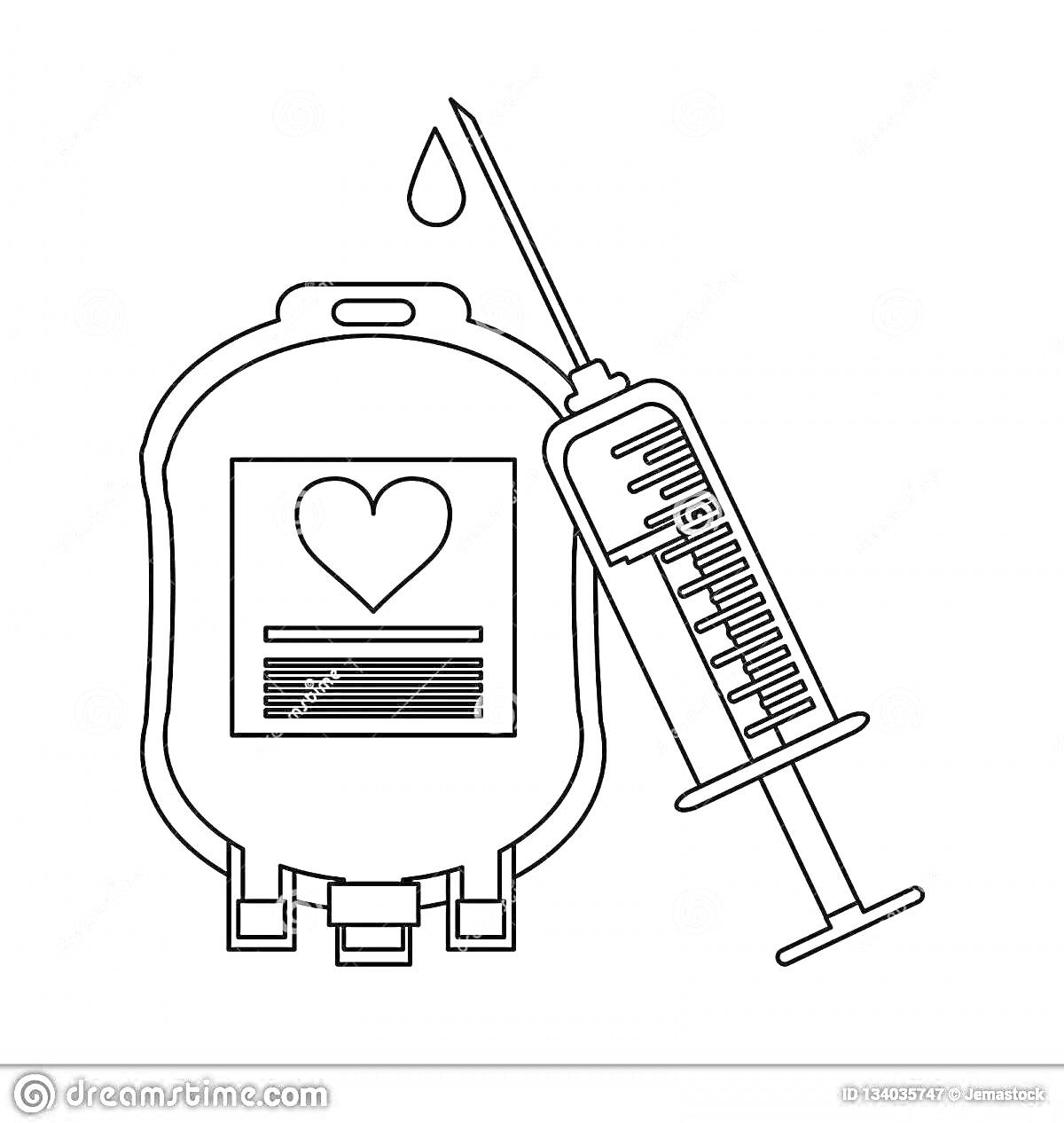 Раскраска Мешок для крови с изображением сердца и шприц с каплей