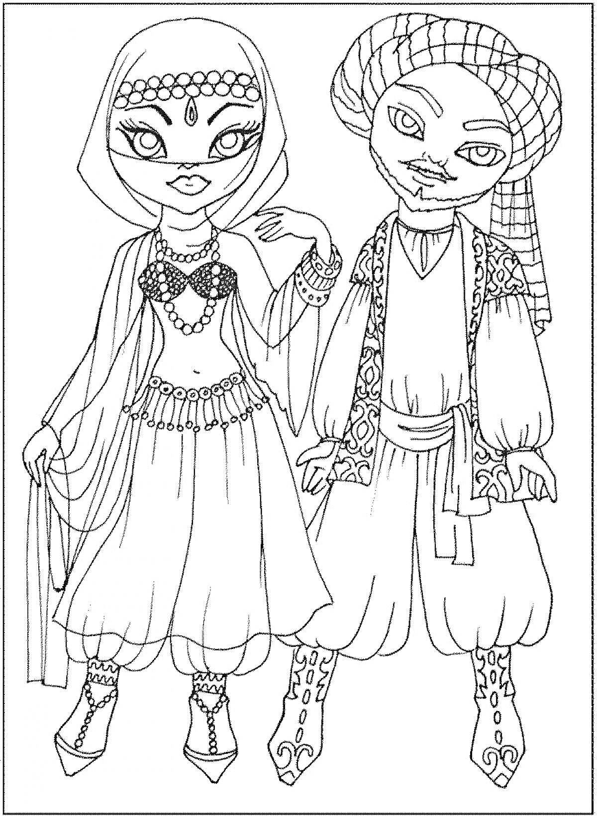 Дети в традиционных восточных костюмах, девочка в платье с украшениями и платком, мальчик в рубашке, шароварах и тюрбане