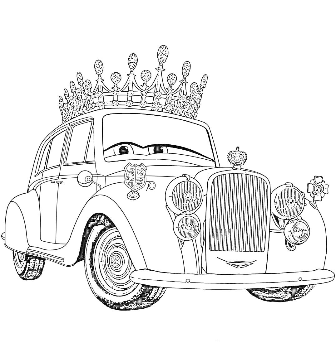 Раскраска Машина с короной и глазами, большое ветровое стекло, классический автомобиль с деталями и эмблемами