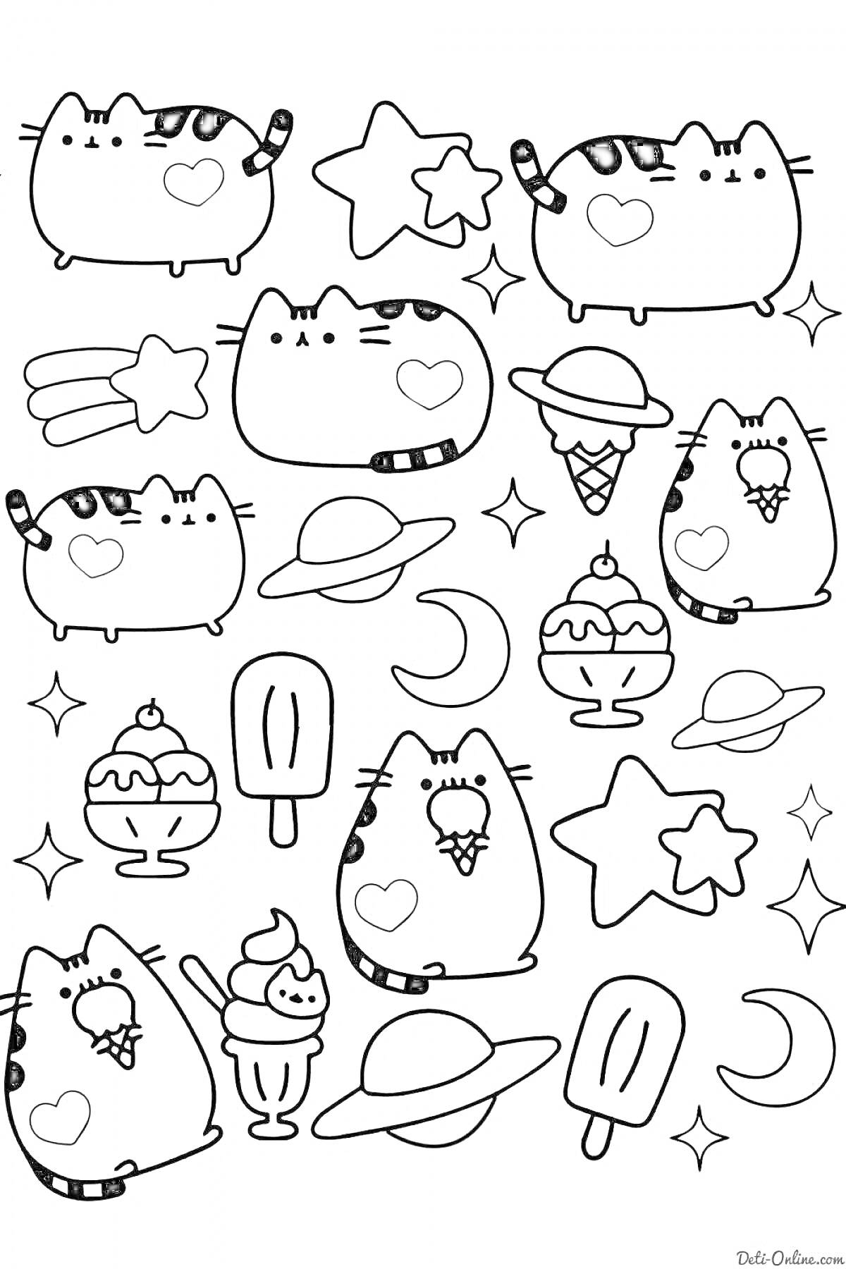 На раскраске изображено: Кот, Планеты, Мороженое, Ракета, Контурные рисунки