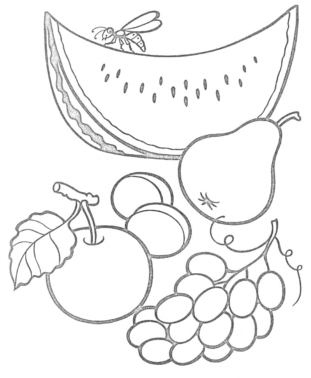 На раскраске изображено: Арбуз, Виноград, Яблоко, Фрукты, Ягоды, Овощи, 3 года, 4 года