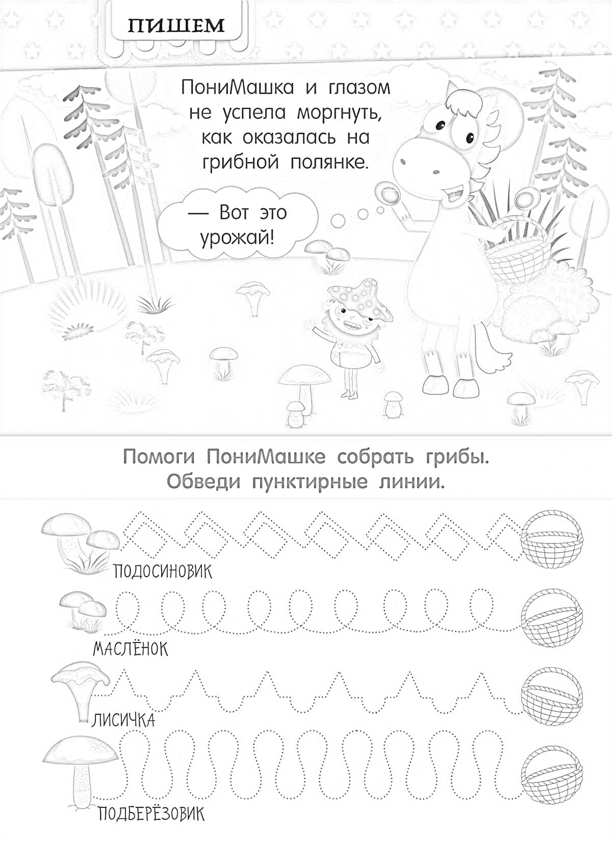 Раскраска ПониМашка на грибной поляне. Задание на обведение пунктирных линий к предметам (грибы: подосиновик, масленок, лисичка, подберезовик).
