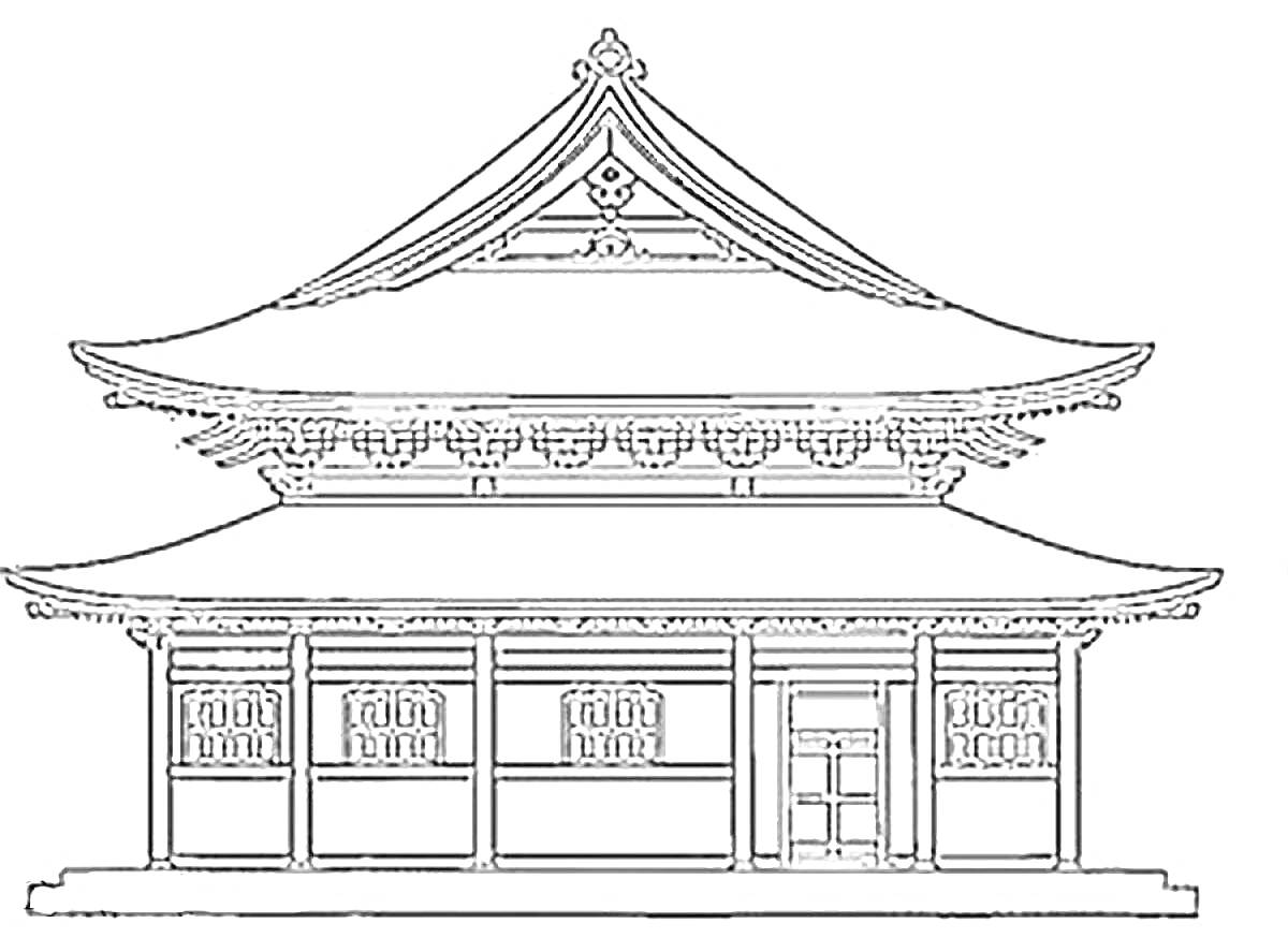 На раскраске изображено: Архитектура, Китай, Храм, Крыша, Декоративные элементы, Исторические здания, Традиции