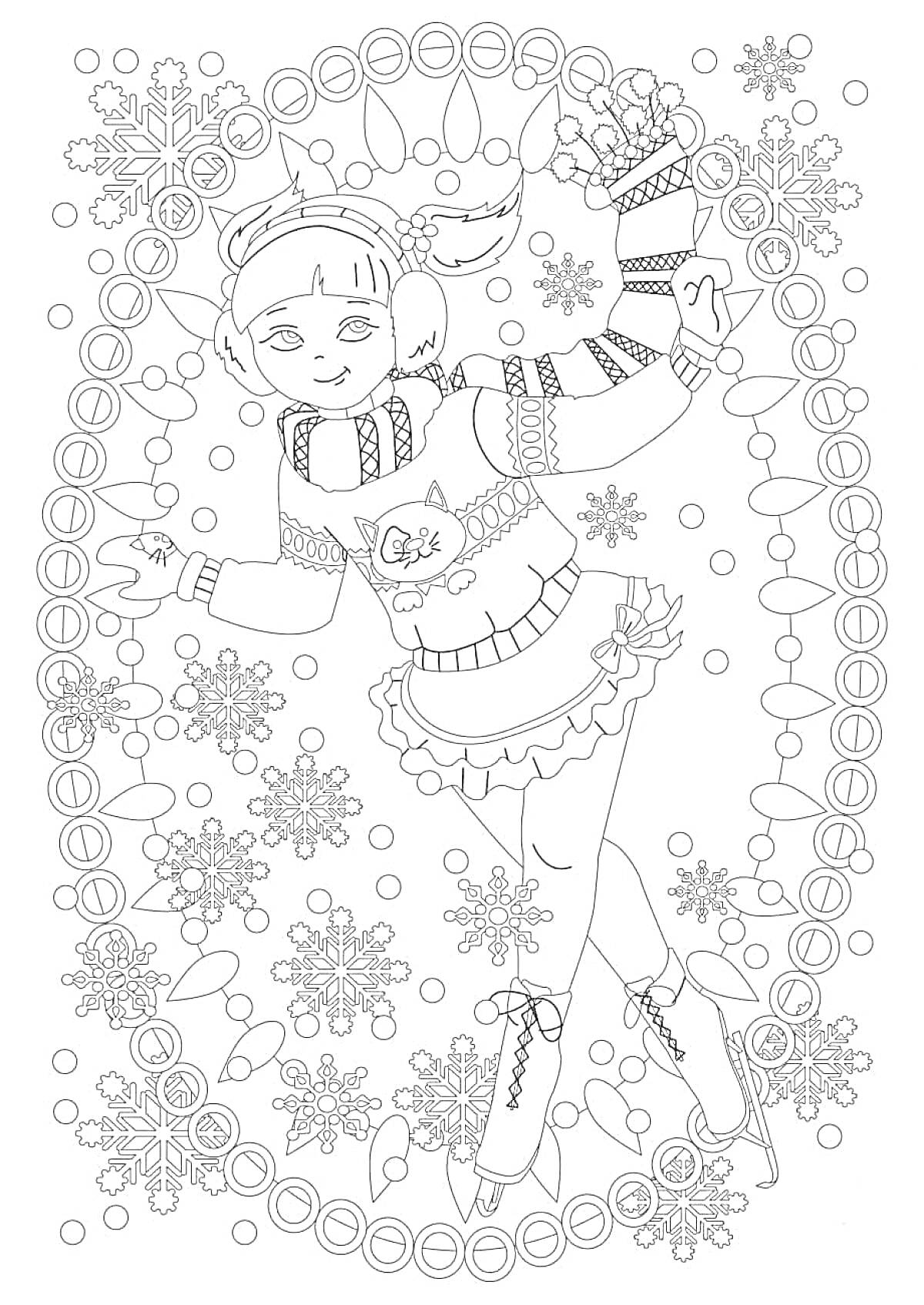 Раскраска Девушка в зимней одежде с коньками на фоне снежинок и гирлянды