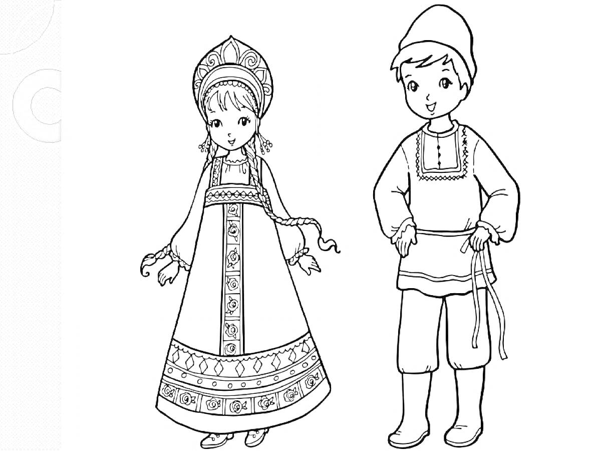 Раскраска Девочка в сарафане и кокошнике, мальчик в рубахе и шапке